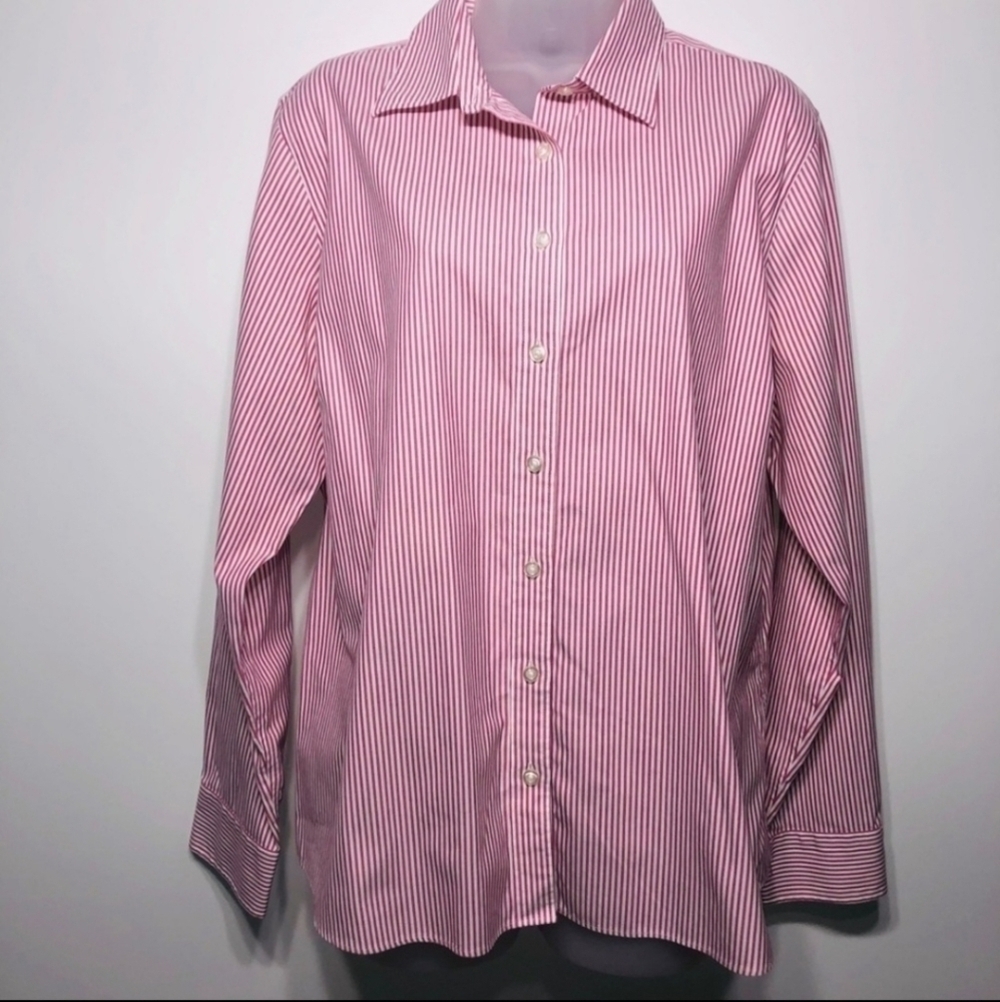 Land's End Red White Stripe Button Shirt No Iron Pinpoint Oxford Women's 8 EUC